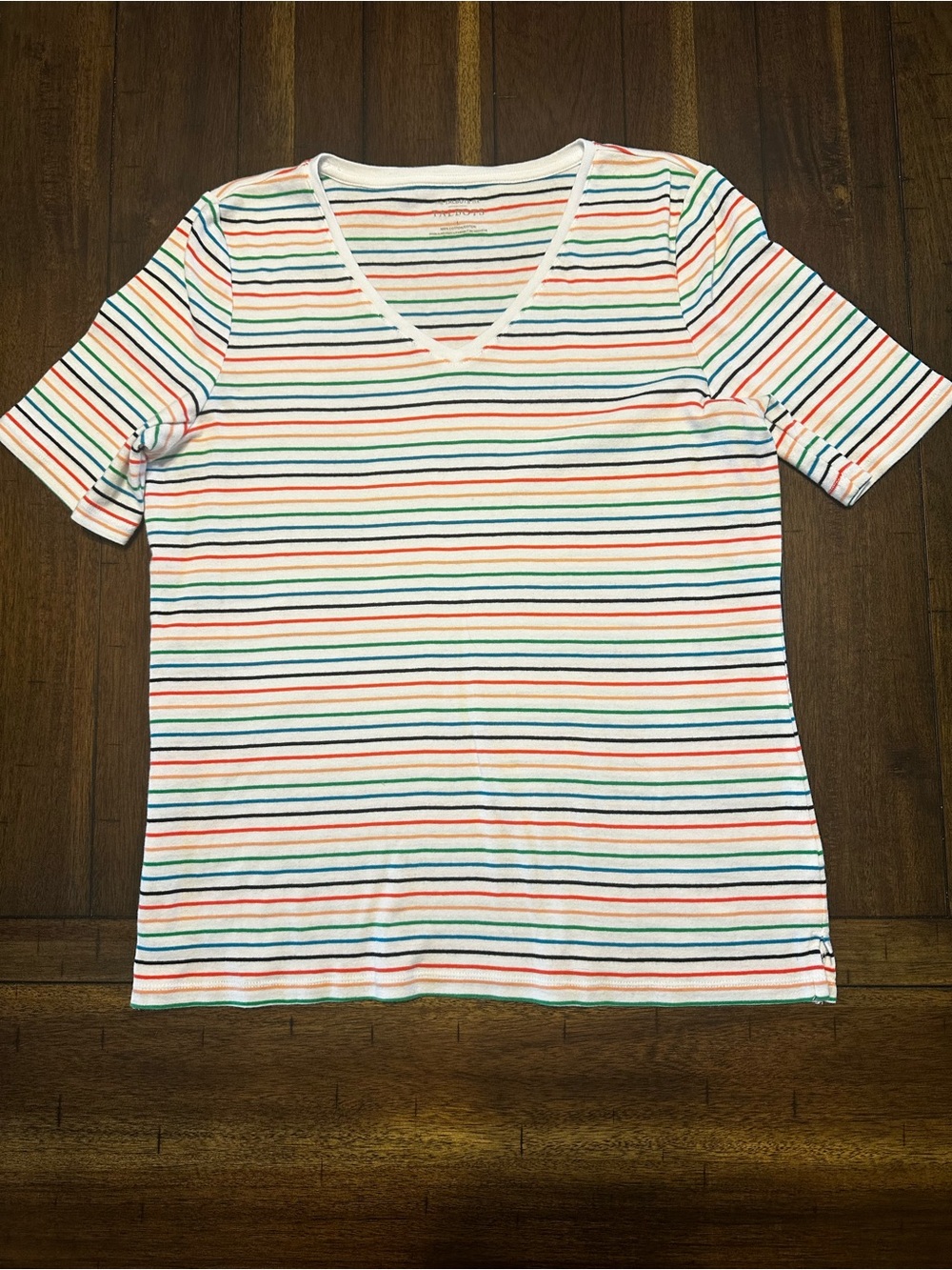 Talbots White V-Neck Tee with Multicolor Stripes